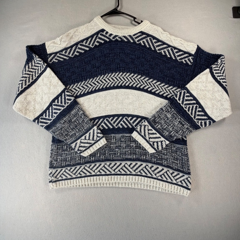 Grandpa Sweater Mens XL Cream Navy Geometric 90s Textured Knit Pullover Crewneck